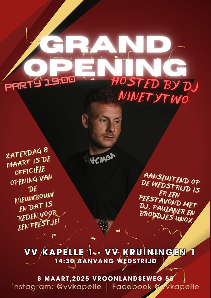 Opening nieuwbouw, oefenwedstrijd en feestavond op 8 maart.